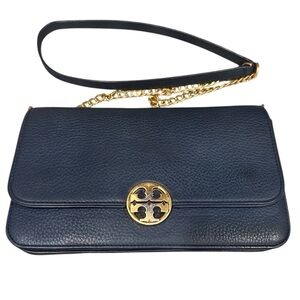 Tory Burch Crossbody Leather Bag Chelsea Navy Chain Strap